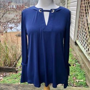 NWT MICHAEL KORS NAVY BELL SLEEVE TOP GOLD ACCENTS
